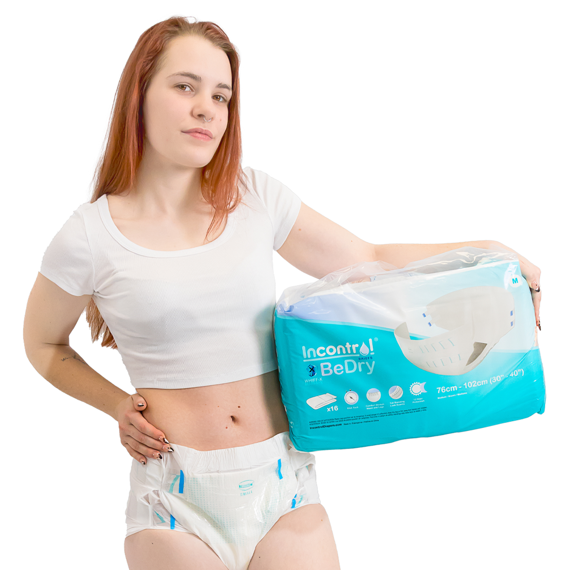 Model wearing white shirt and bedry adult diaper, holding bedry diaper bag