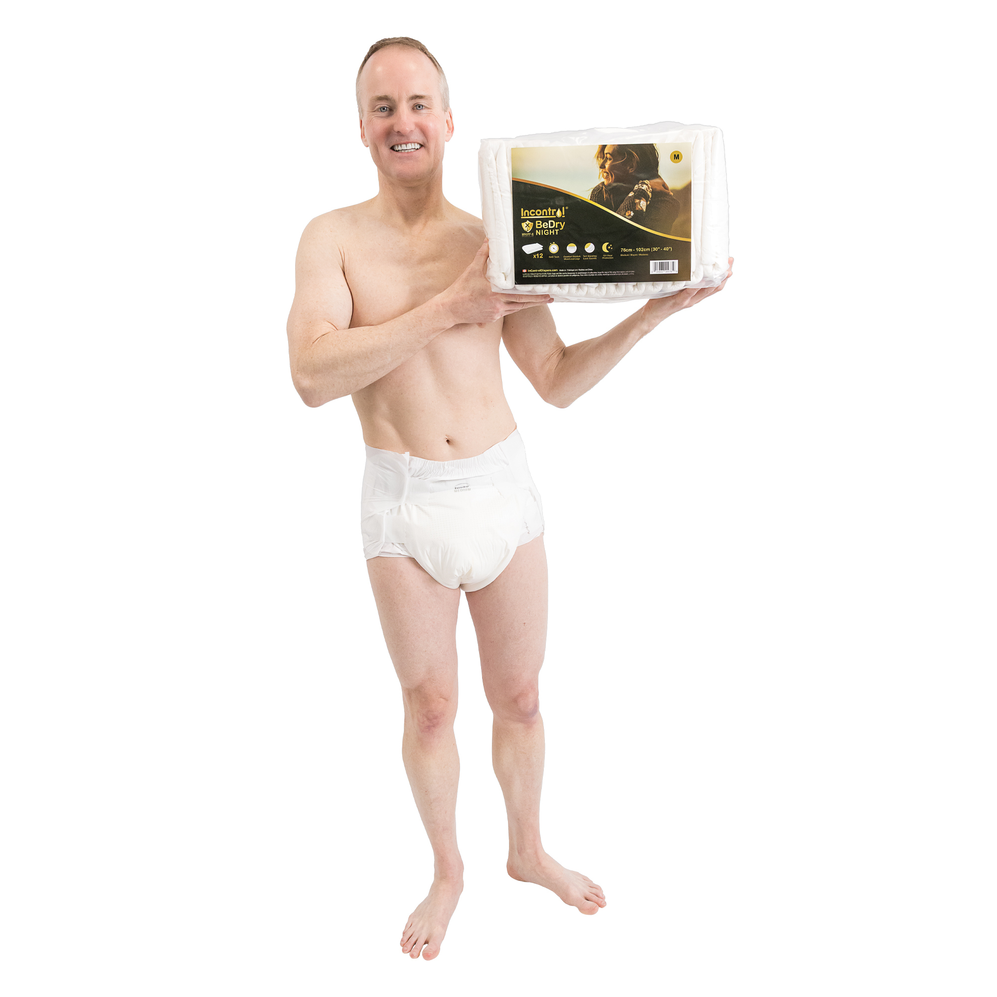 model wearing BeDry Night diapers and holding the Incontrol bag of diapers on shoulder
