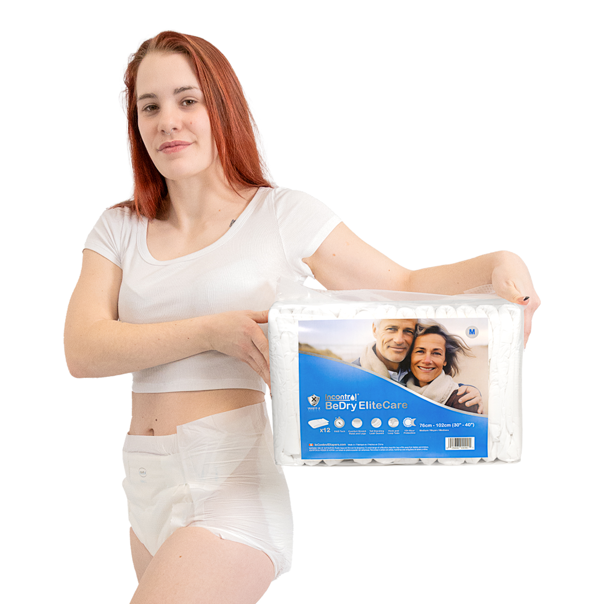 model with red hair wearing EliteCare diaper and holding bag towards the camera.